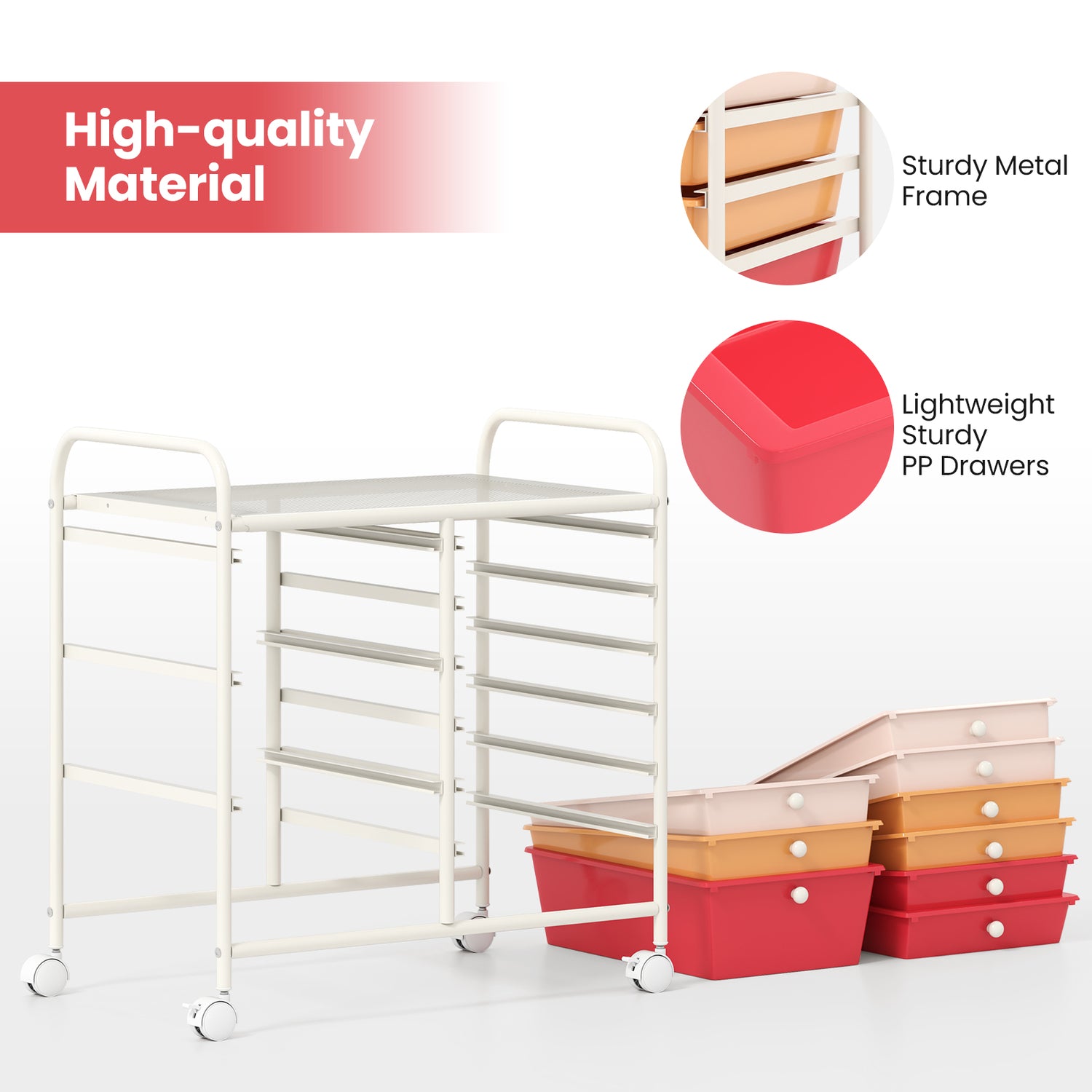 9-Drawer Rolling Storage Cart with Colorful Drawers and Metal Frame