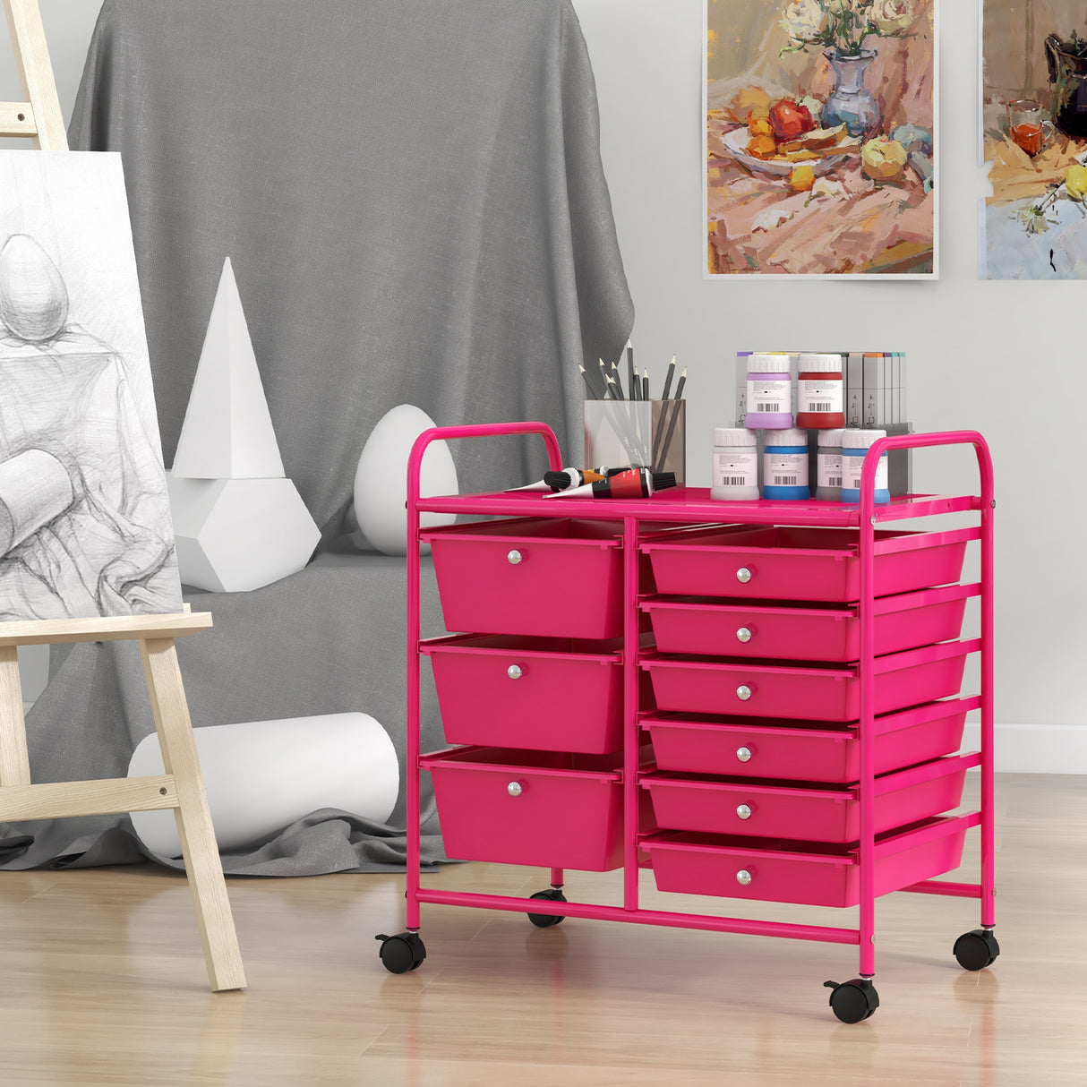 9-Drawer Rolling Storage Cart with Colorful Drawers and Metal Frame