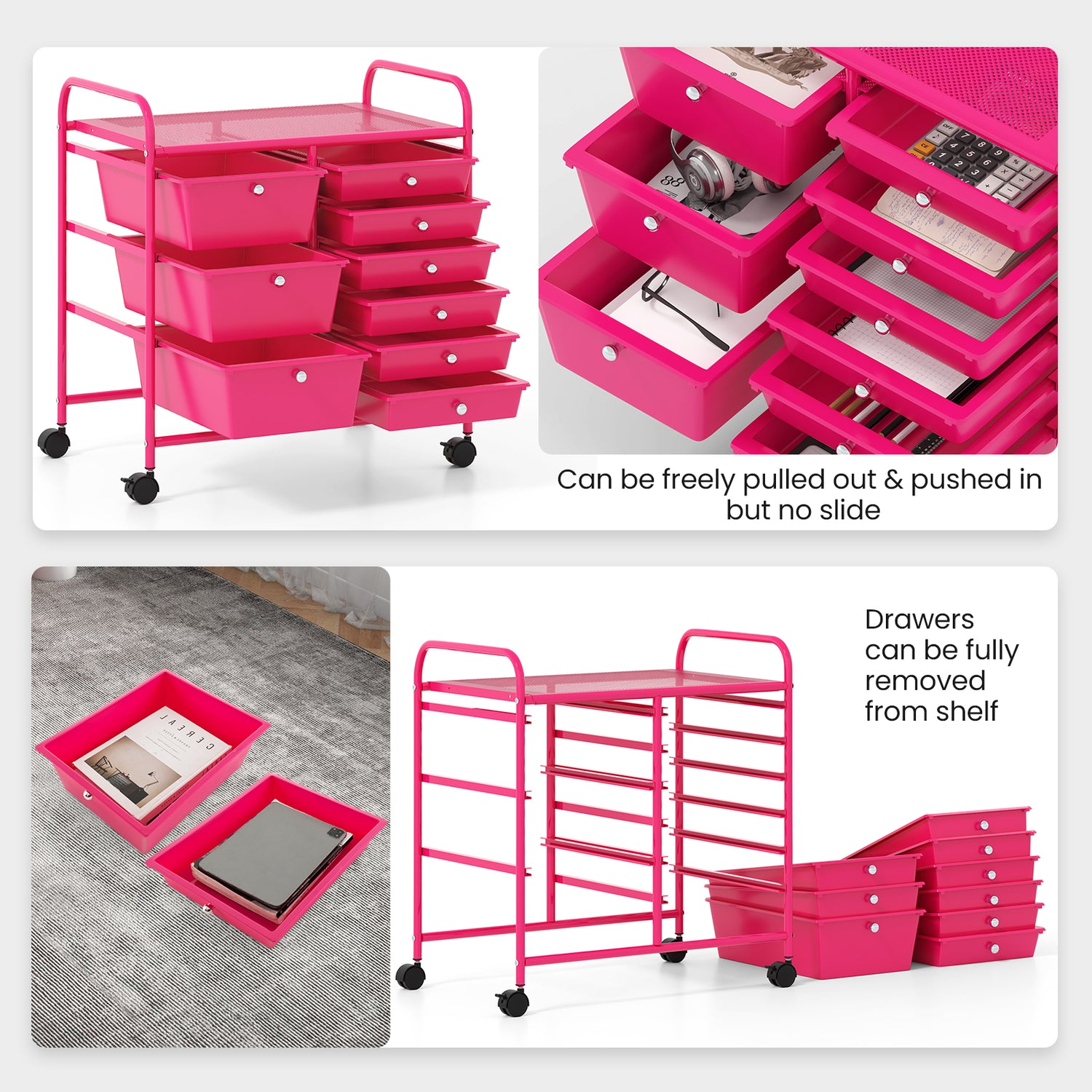 9-Drawer Rolling Storage Cart with Colorful Drawers and Metal Frame