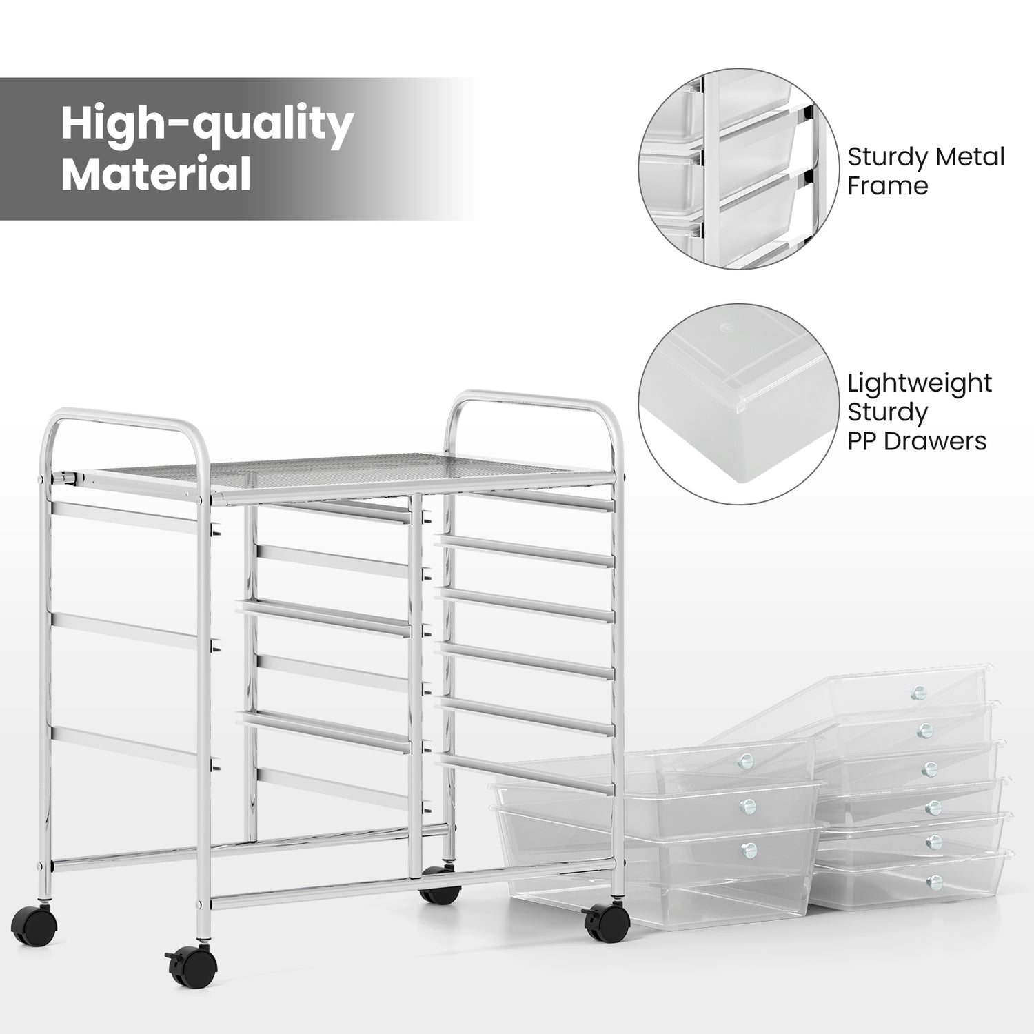 9-Drawer Rolling Storage Cart with Colorful Drawers and Metal Frame