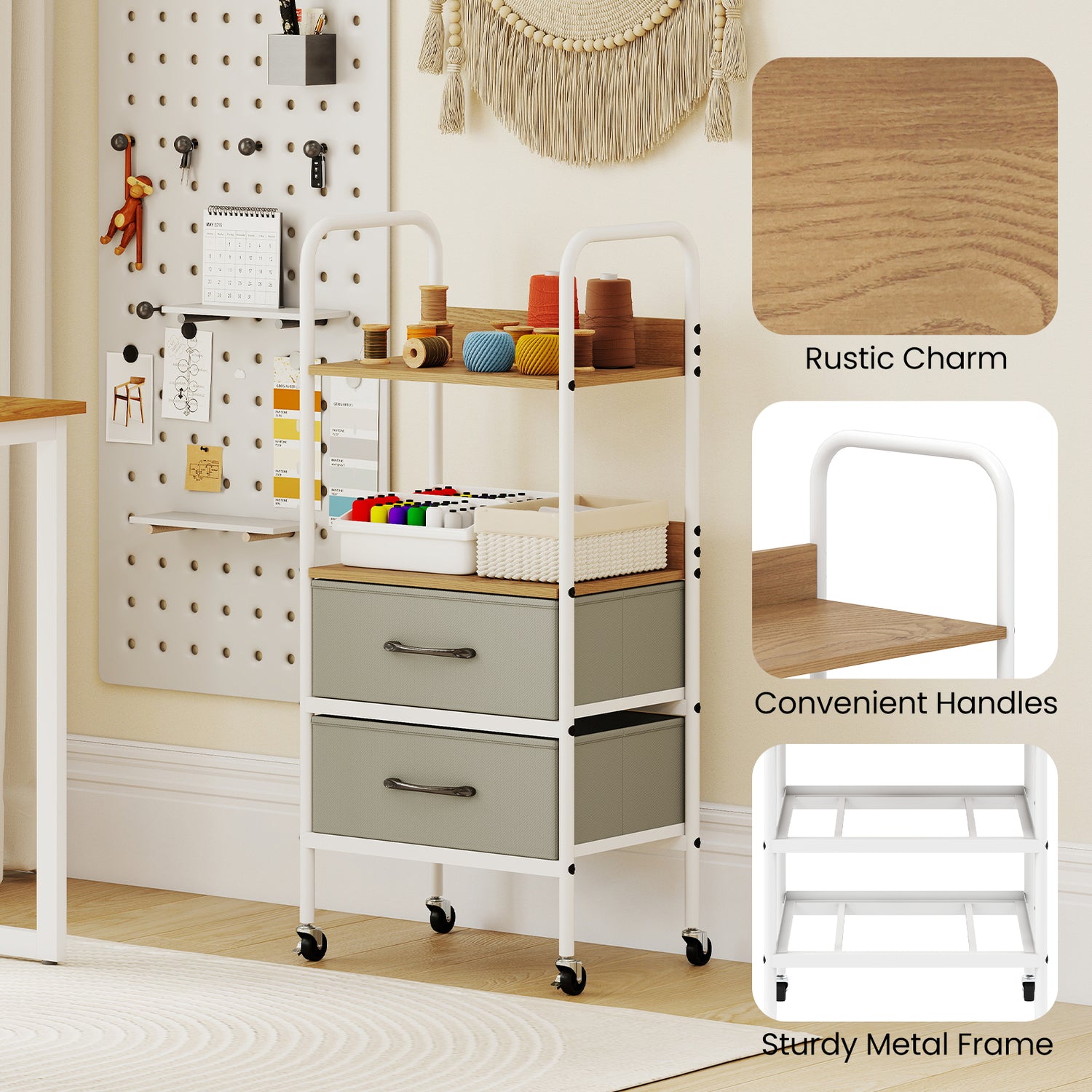 Rolling Utility Storage Cart with 2 Open Shelves and 2 Fabric Drawers-Natural