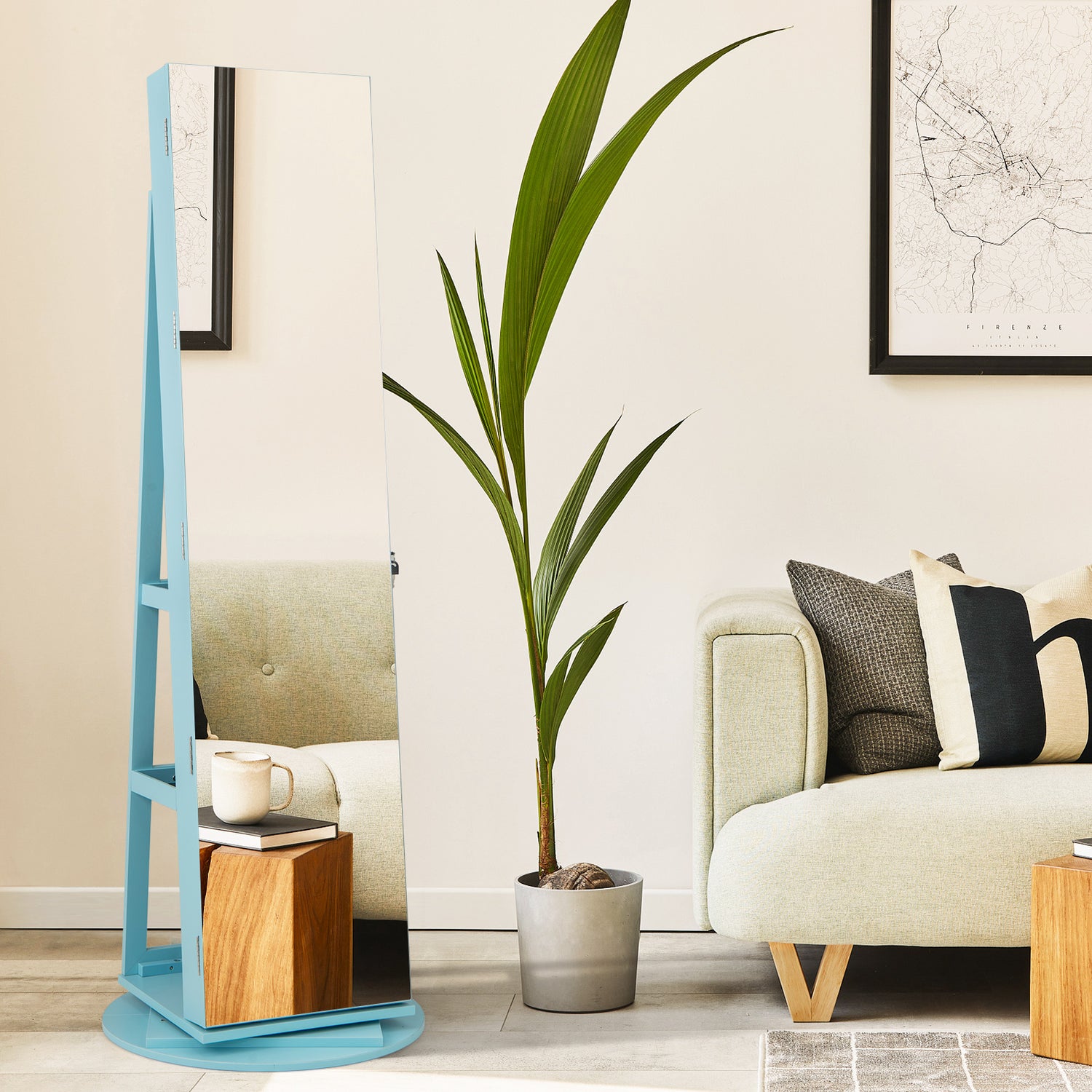 360° Rotating Mirrored Jewelry Cabinet Armoire 3 Color LED Modes Lockable