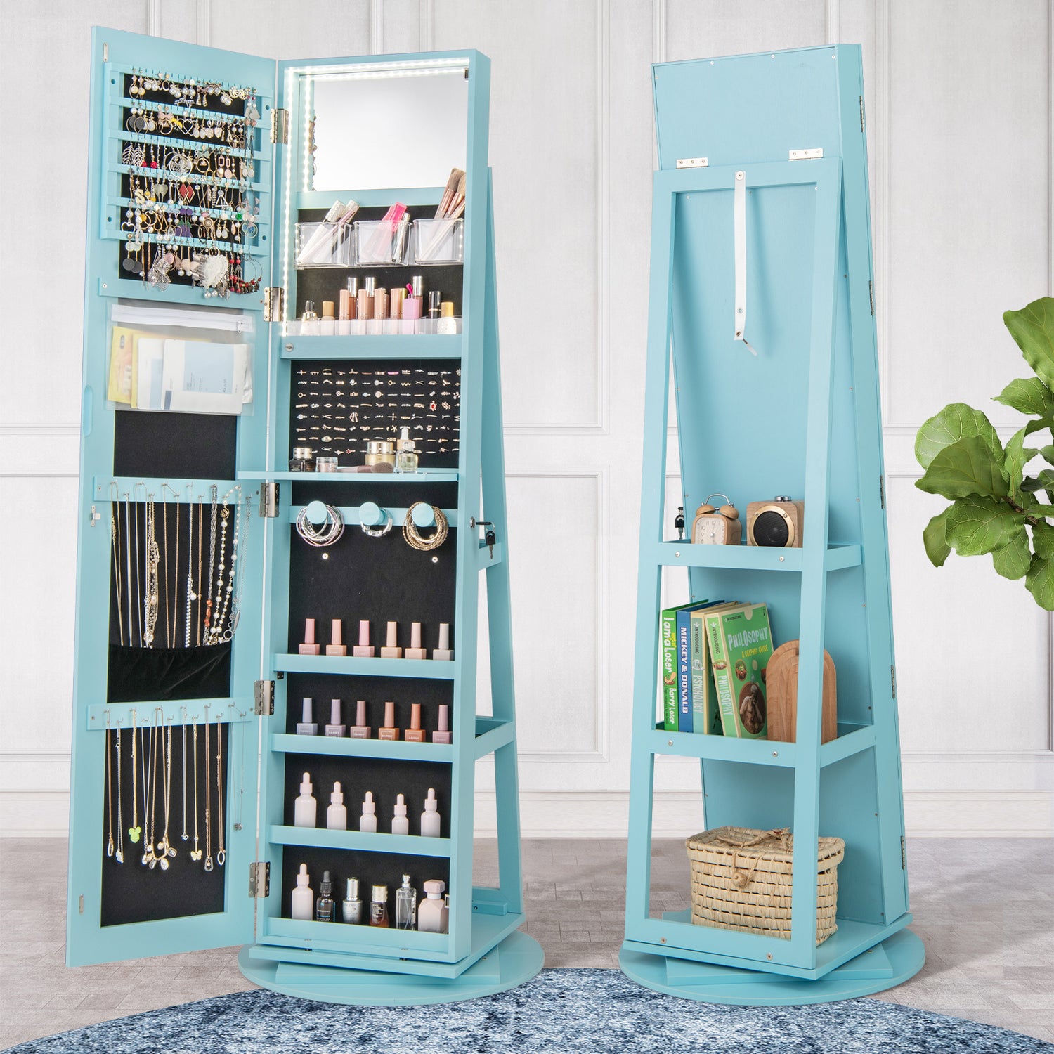 360° Rotating Mirrored Jewelry Cabinet Armoire 3 Color LED Modes Lockable