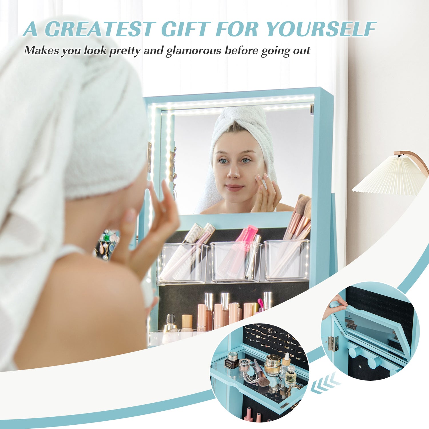 360° Rotating Mirrored Jewelry Cabinet Armoire 3 Color LED Modes Lockable