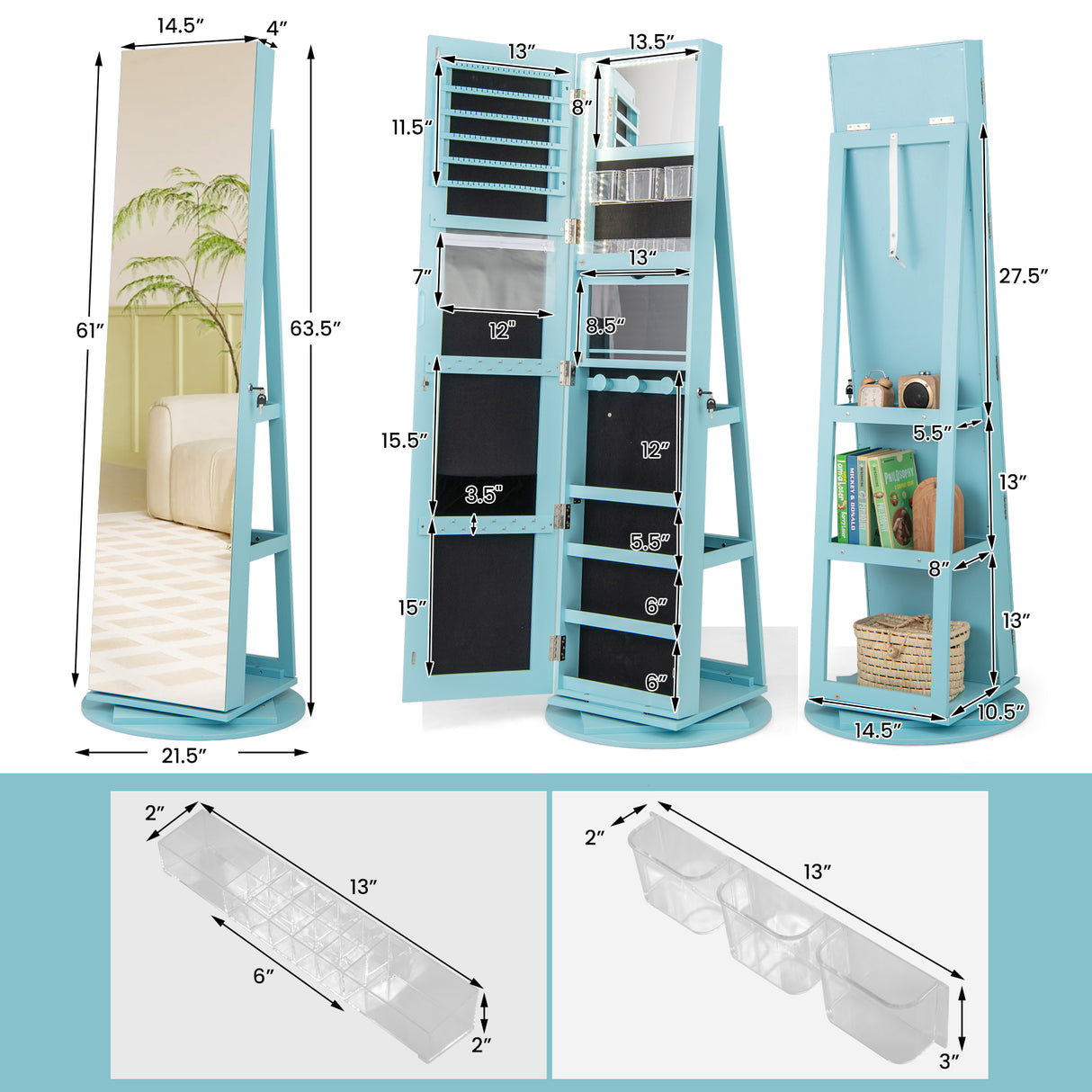 360° Rotating Mirrored Jewelry Cabinet Armoire 3 Color LED Modes Lockable