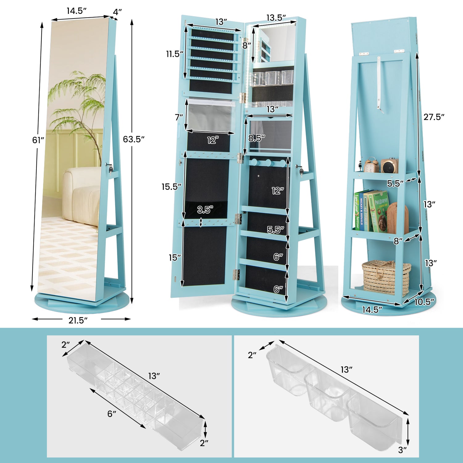 360° Rotating Mirrored Jewelry Cabinet Armoire 3 Color LED Modes Lockable