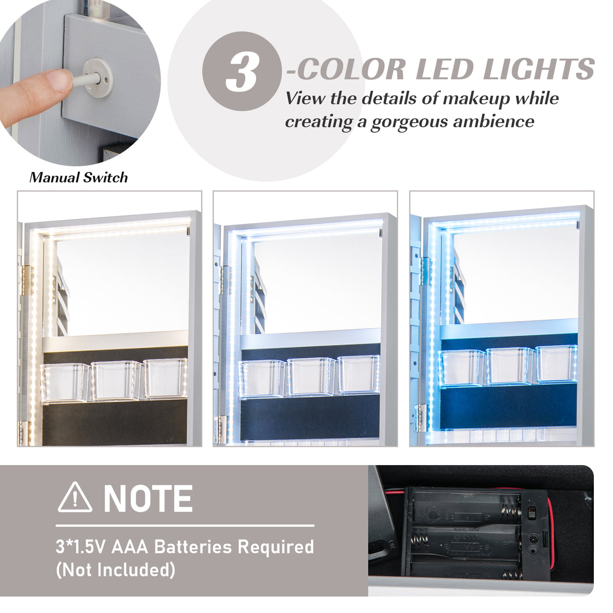 360° Rotating Mirrored Jewelry Cabinet Armoire 3 Color LED Modes Lockable