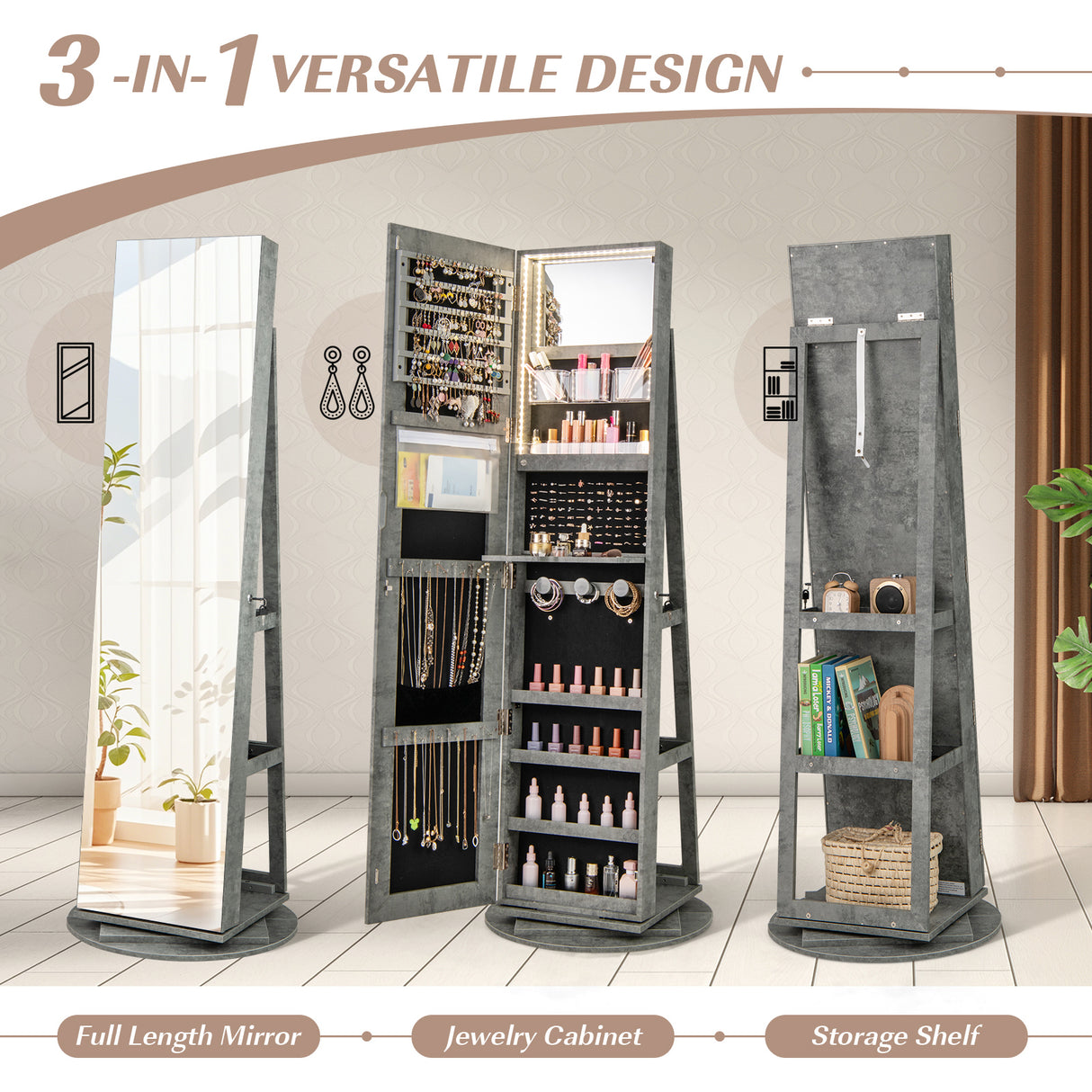360° Rotating Mirrored Jewelry Cabinet Armoire 3 Color LED Modes Lockable