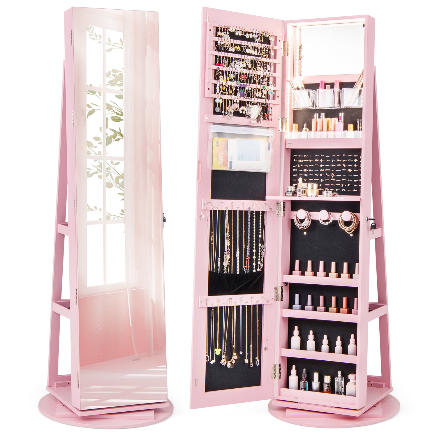 360° Rotating Mirrored Jewelry Cabinet Armoire 3 Color LED Modes Lockable