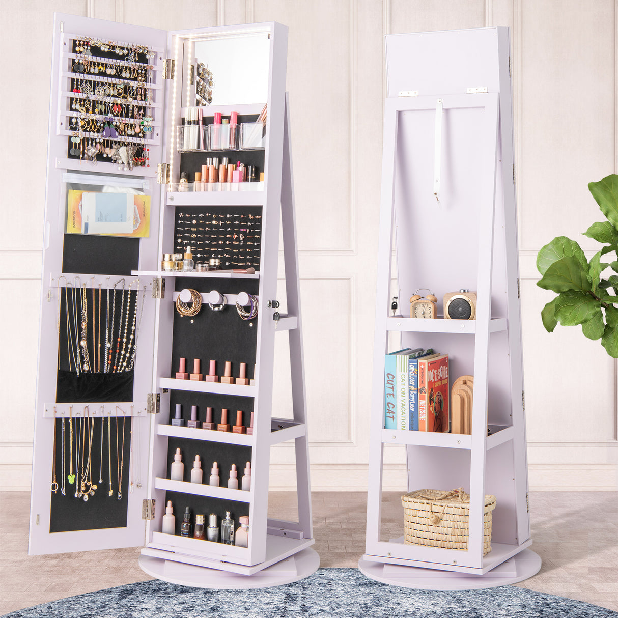 360° Rotating Mirrored Jewelry Cabinet Armoire 3 Color LED Modes Lockable