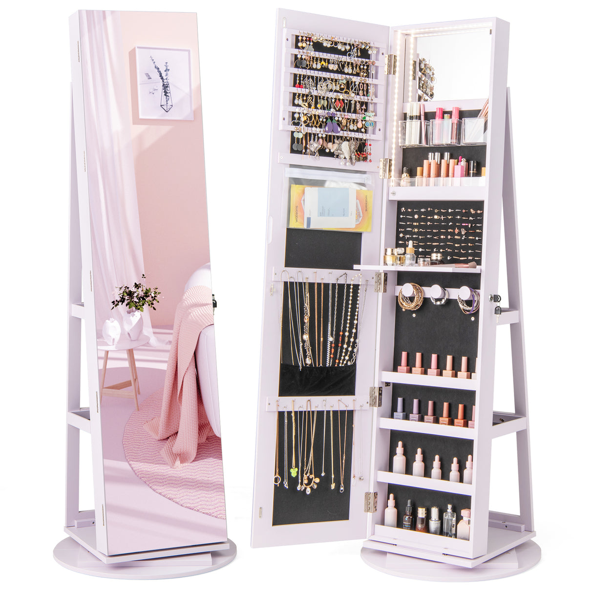 360° Rotating Mirrored Jewelry Cabinet Armoire 3 Color LED Modes Lockable