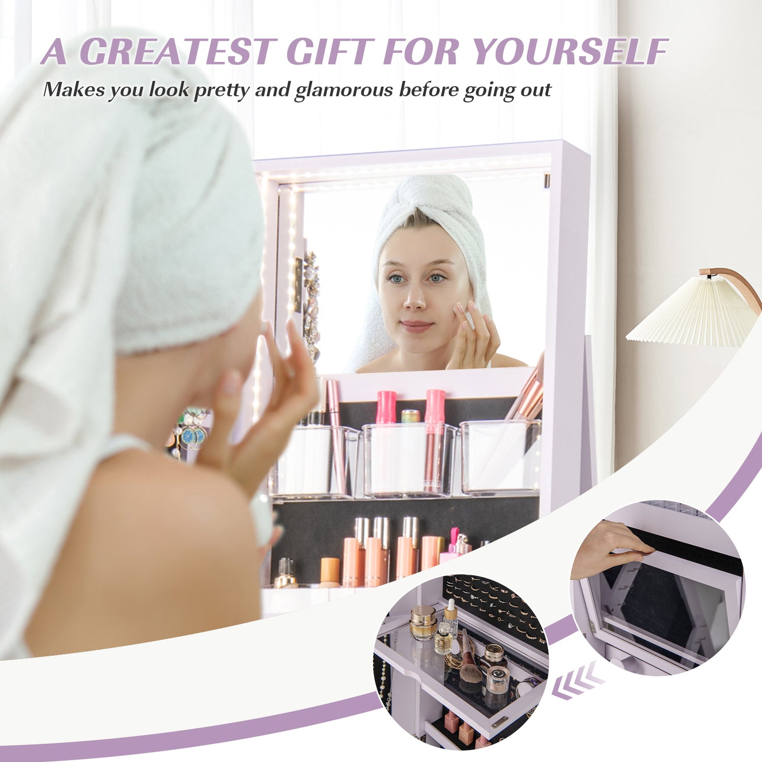 360° Rotating Mirrored Jewelry Cabinet Armoire 3 Color LED Modes Lockable