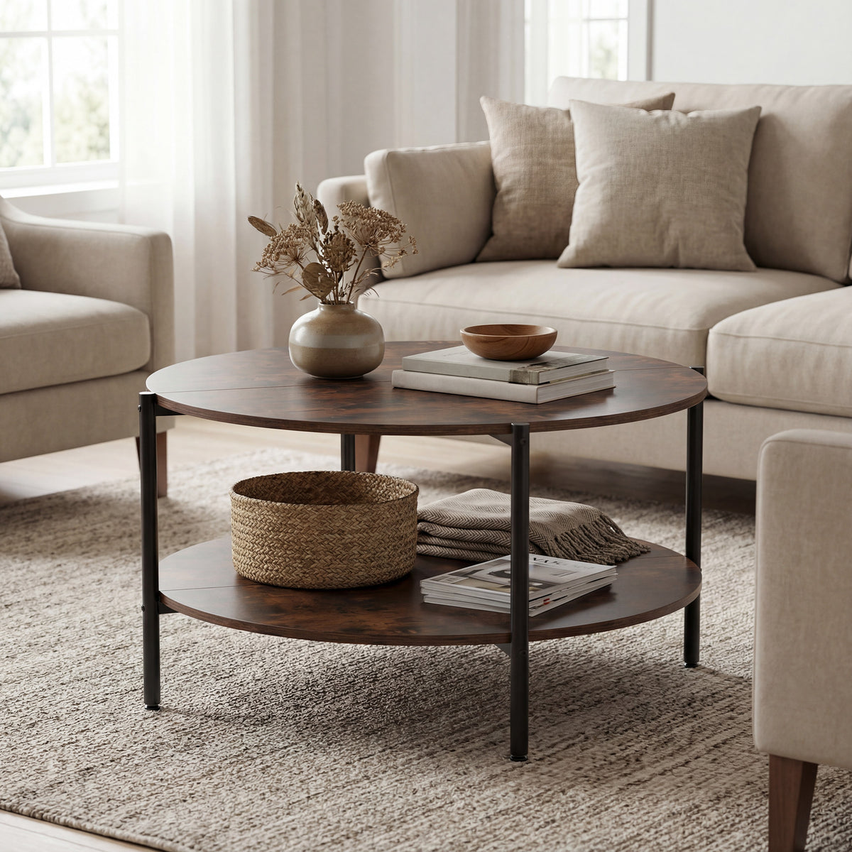 Round Coffee Table 2-Tier Industrial Accent Table with Open Storage Shelf-Rustic Brown