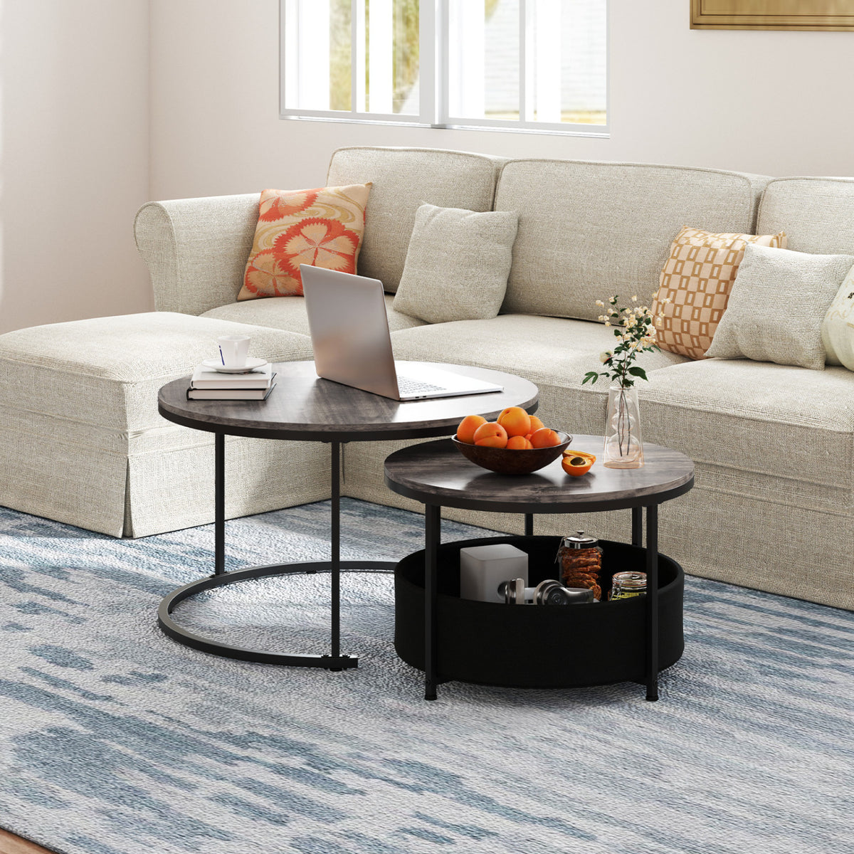 Round Coffee Table Set of 2 Circle Cocktail Table with Storage Basket