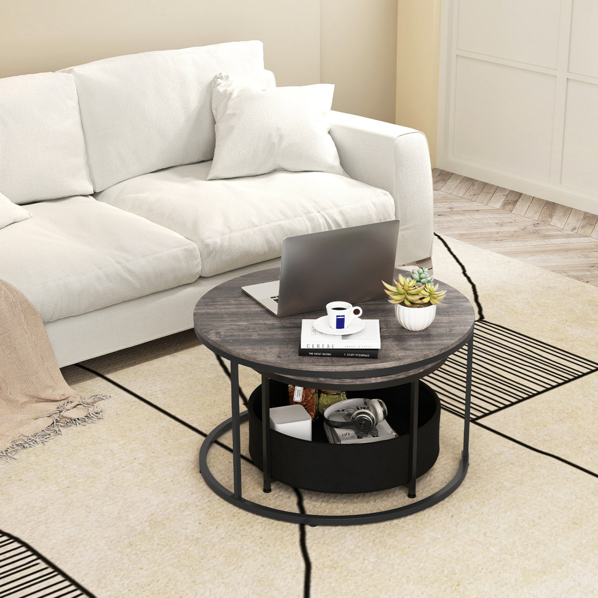 Round Coffee Table Set of 2 Circle Cocktail Table with Storage Basket