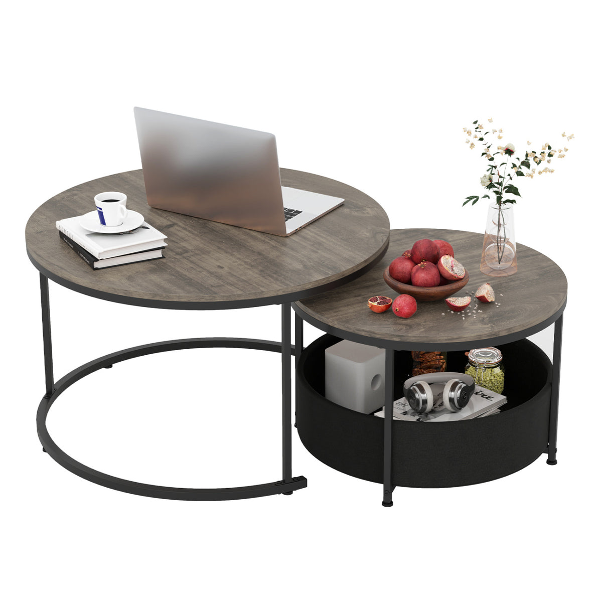 Round Coffee Table Set of 2 Circle Cocktail Table with Storage Basket
