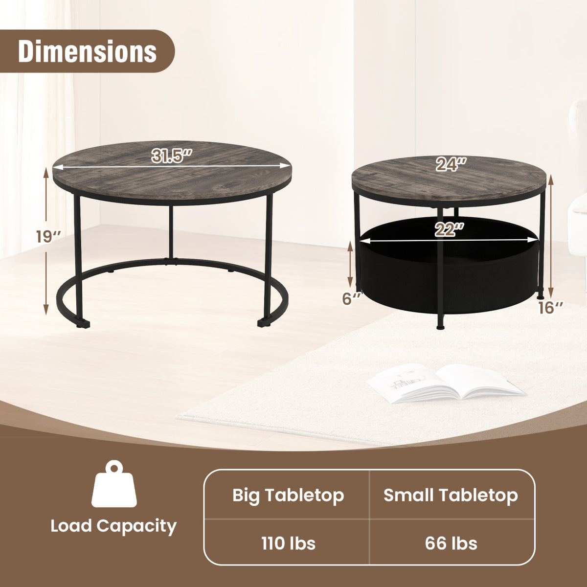 Round Coffee Table Set of 2 Circle Cocktail Table with Storage Basket