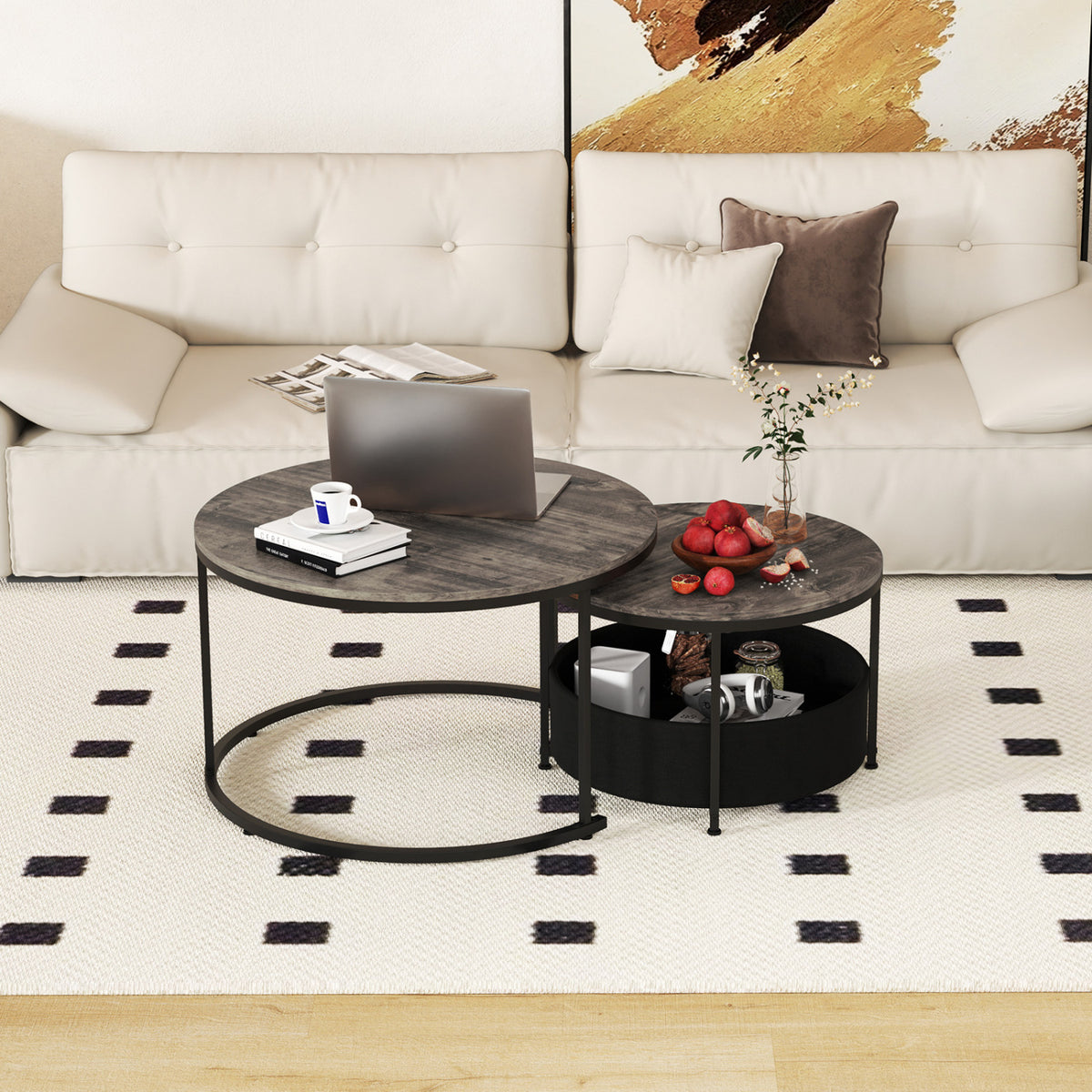 Round Coffee Table Set of 2 Circle Cocktail Table with Storage Basket