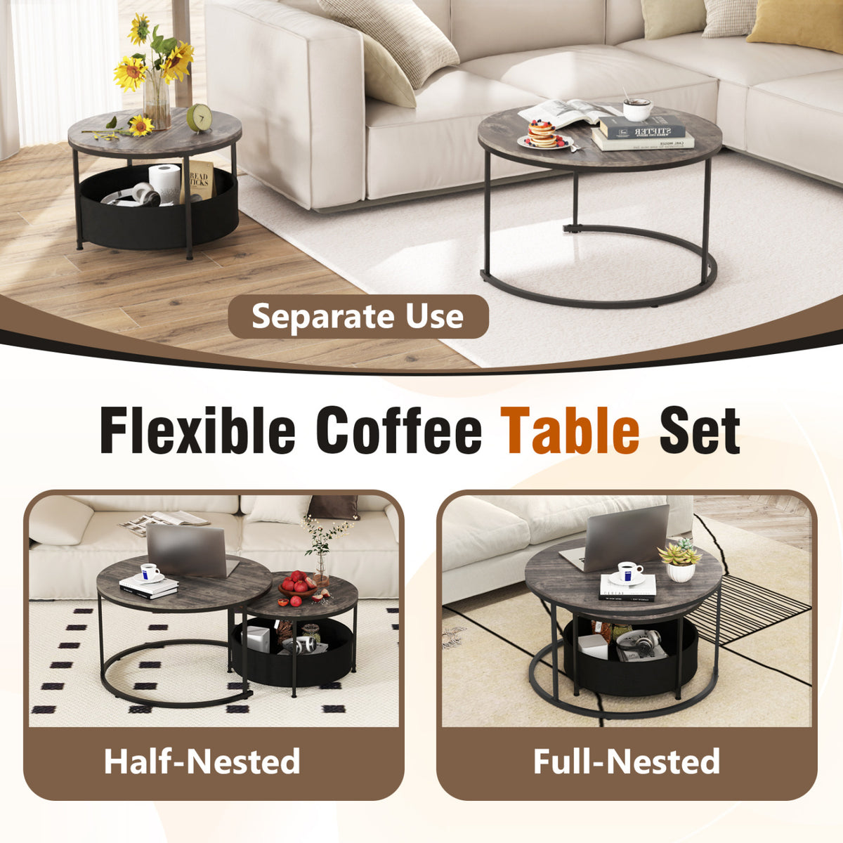 Round Coffee Table Set of 2 Circle Cocktail Table with Storage Basket