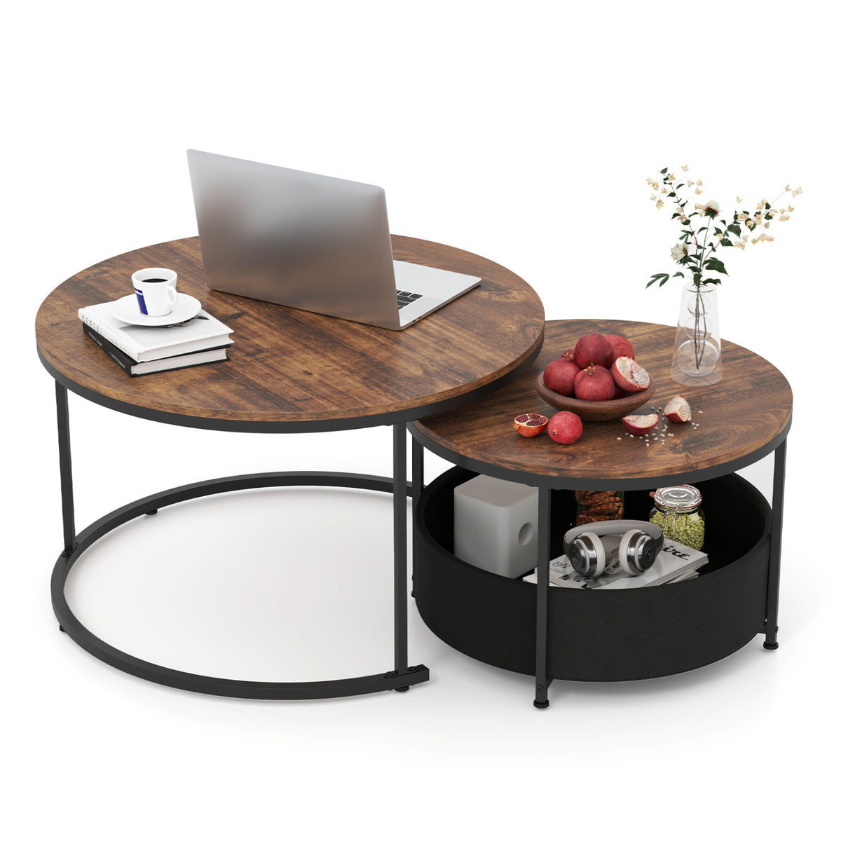 Round Coffee Table Set of 2 Circle Cocktail Table with Storage Basket