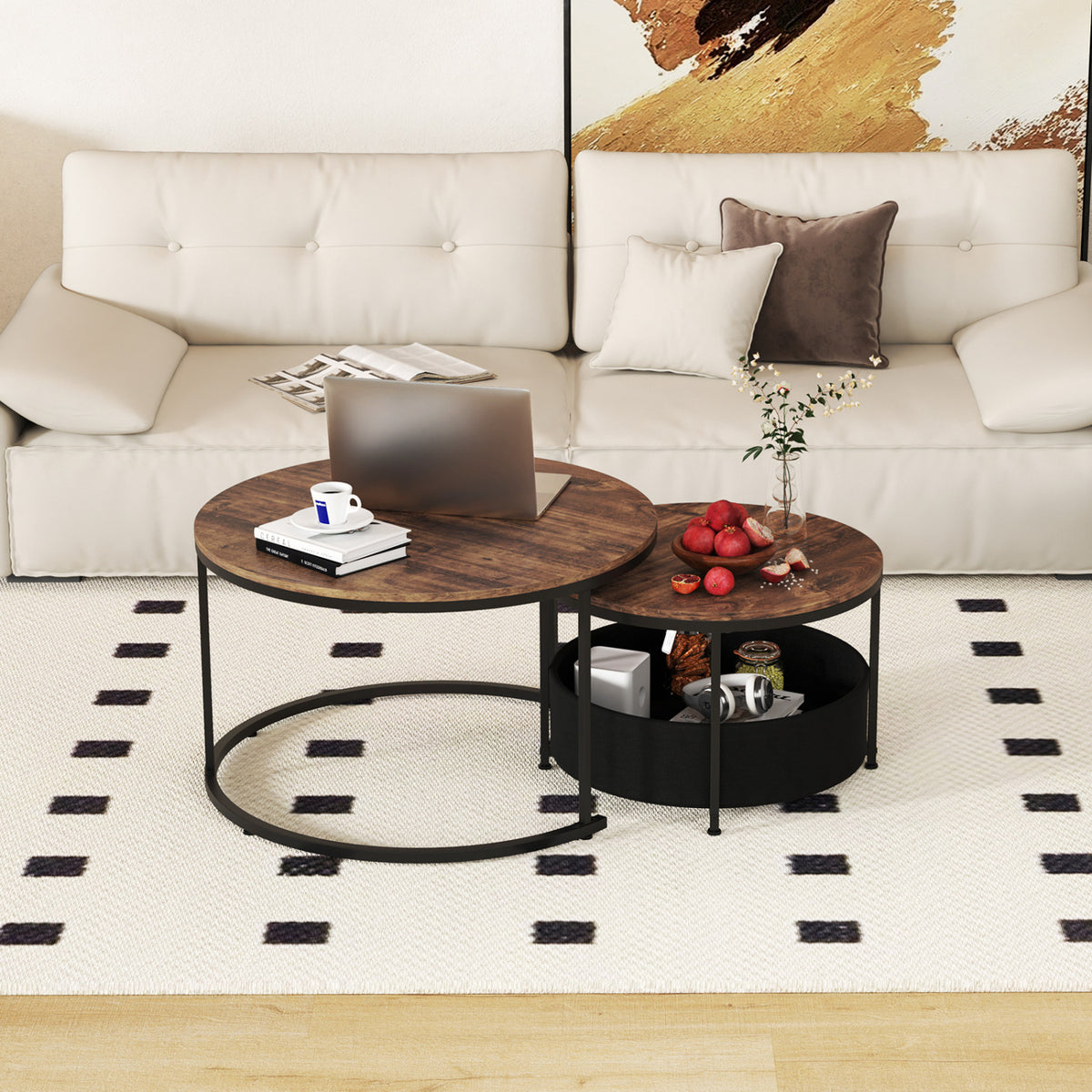 Round Coffee Table Set of 2 Circle Cocktail Table with Storage Basket