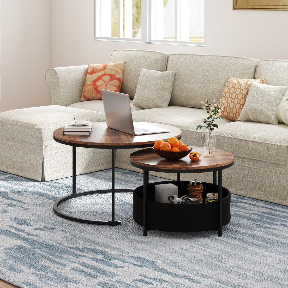 Round Coffee Table Set of 2 Circle Cocktail Table with Storage Basket