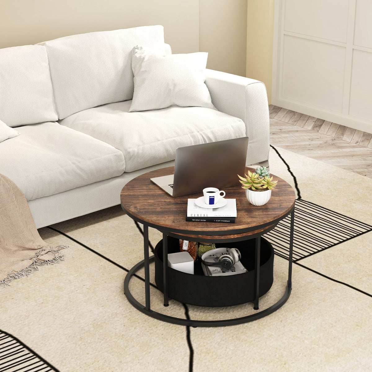 Round Coffee Table Set of 2 Circle Cocktail Table with Storage Basket