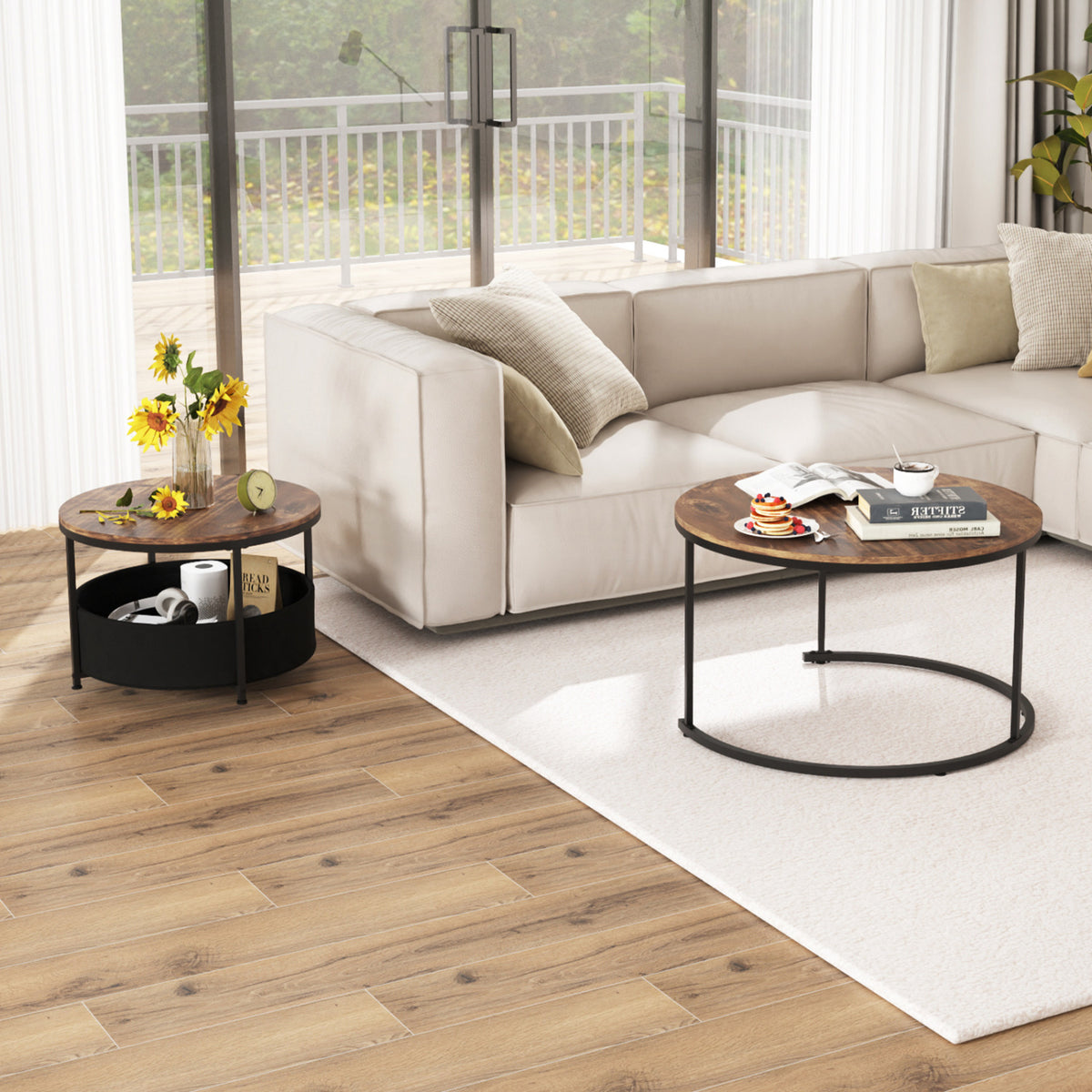 Round Coffee Table Set of 2 Circle Cocktail Table with Storage Basket