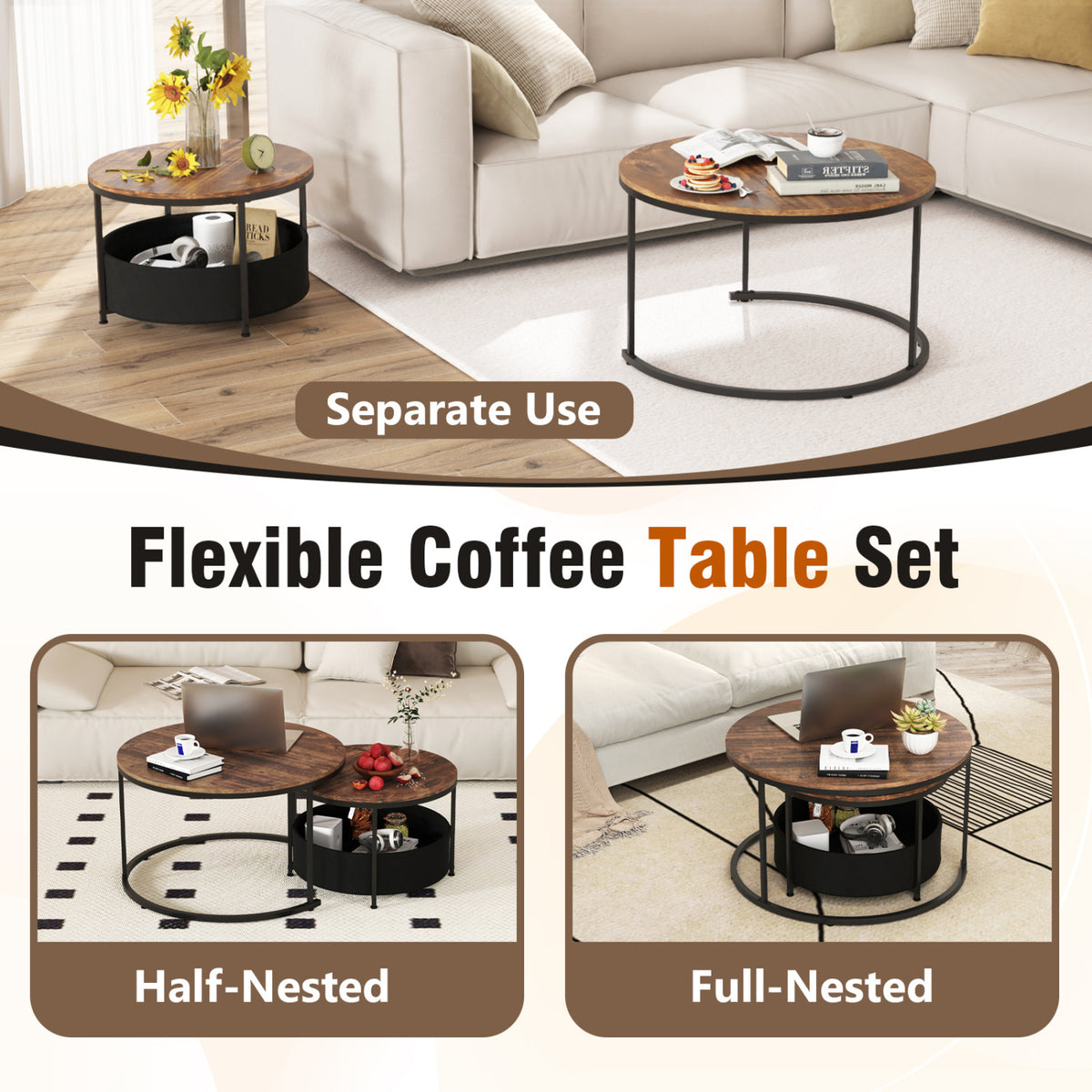 Round Coffee Table Set of 2 Circle Cocktail Table with Storage Basket