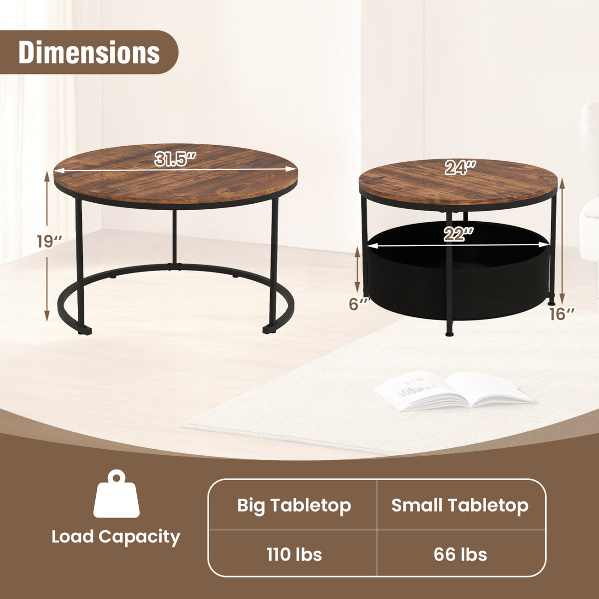 Round Coffee Table Set of 2 Circle Cocktail Table with Storage Basket