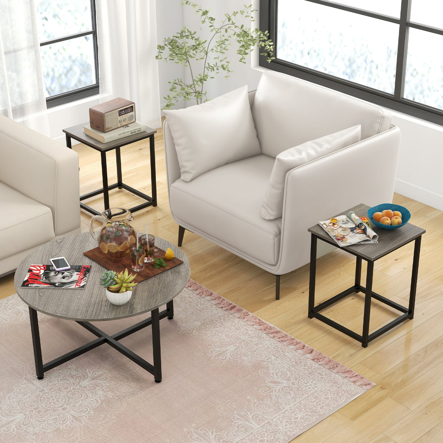 3-Piece Coffee Table Set Round Coffee Table and 2PCS Square End Tables