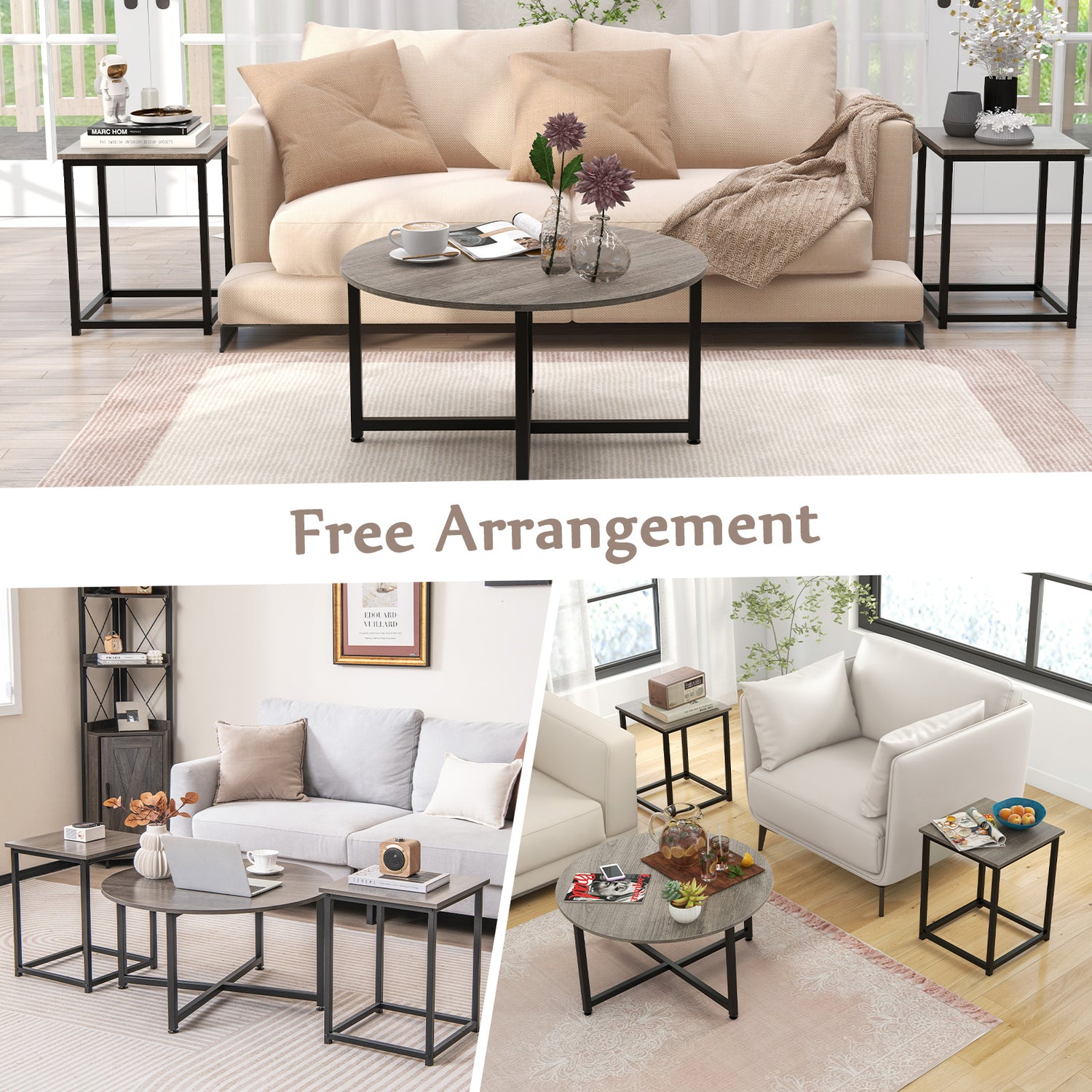 3-Piece Coffee Table Set Round Coffee Table and 2PCS Square End Tables