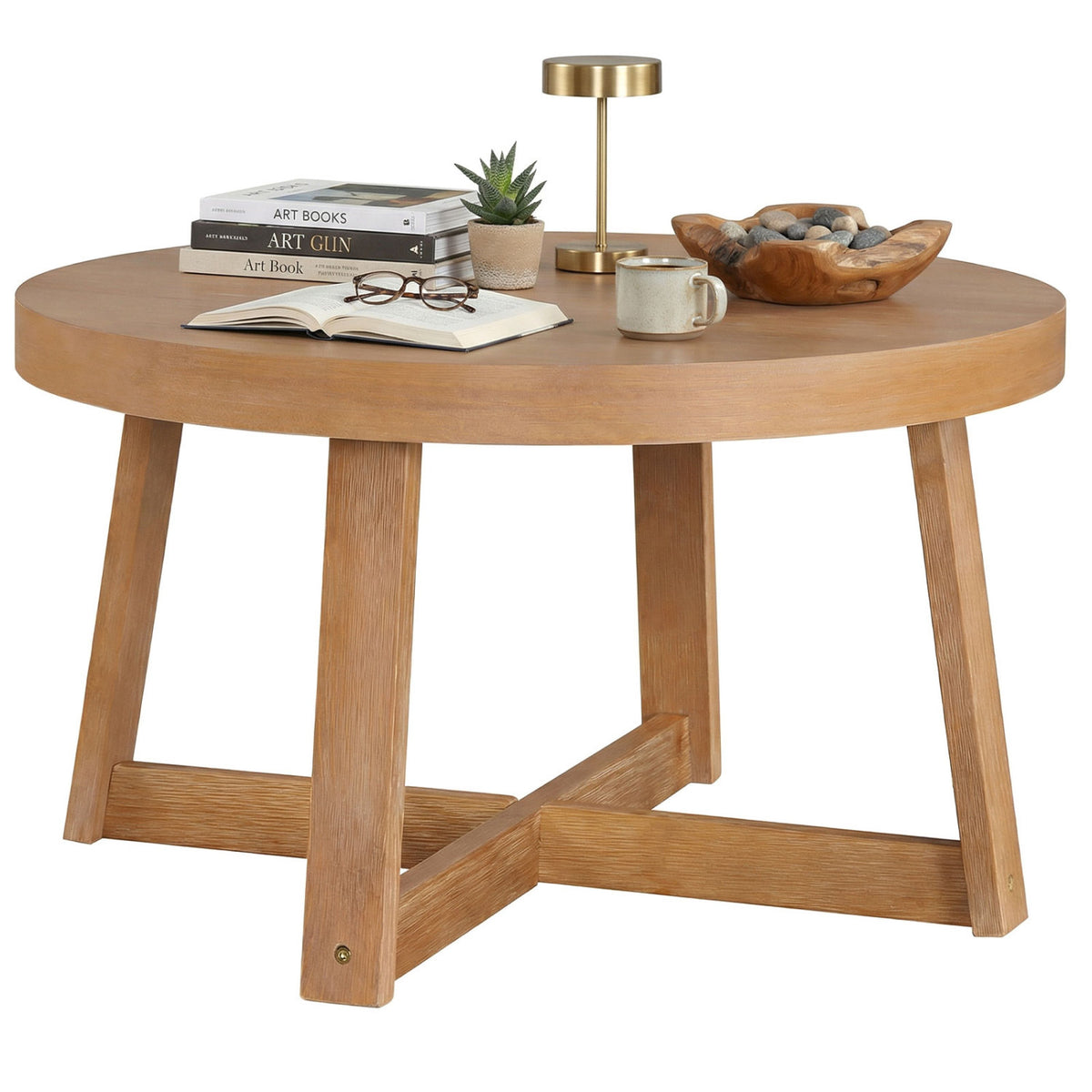 Round Coffee Table for Living Room 30 inch Farmhouse Accent Table with Study Rubber Wood Legs