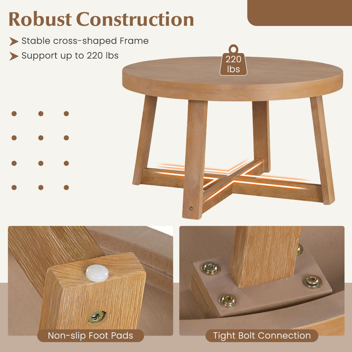 Round Coffee Table for Living Room 30 inch Farmhouse Accent Table with Study Rubber Wood Legs