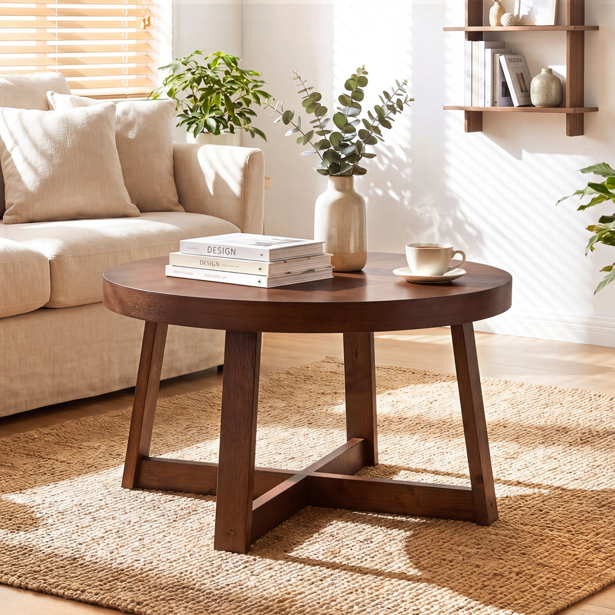 Round Coffee Table for Living Room 30 inch Farmhouse Accent Table with Study Rubber Wood Legs