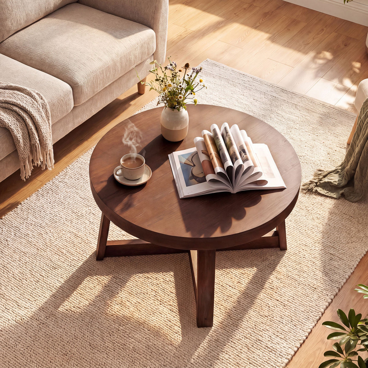 Round Coffee Table for Living Room 30 inch Farmhouse Accent Table with Study Rubber Wood Legs