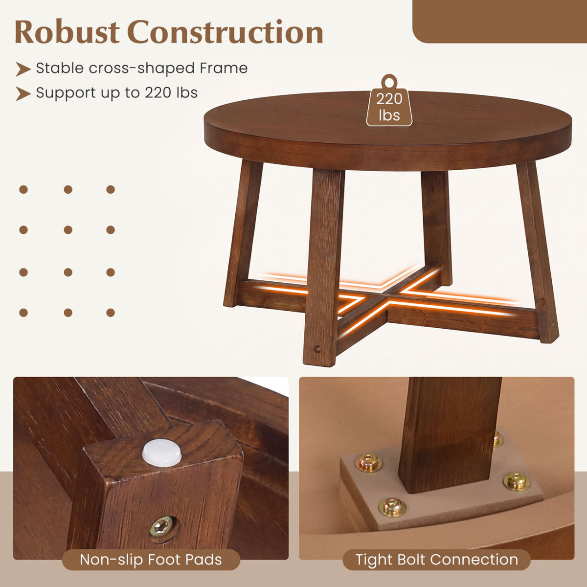 Round Coffee Table for Living Room 30 inch Farmhouse Accent Table with Study Rubber Wood Legs
