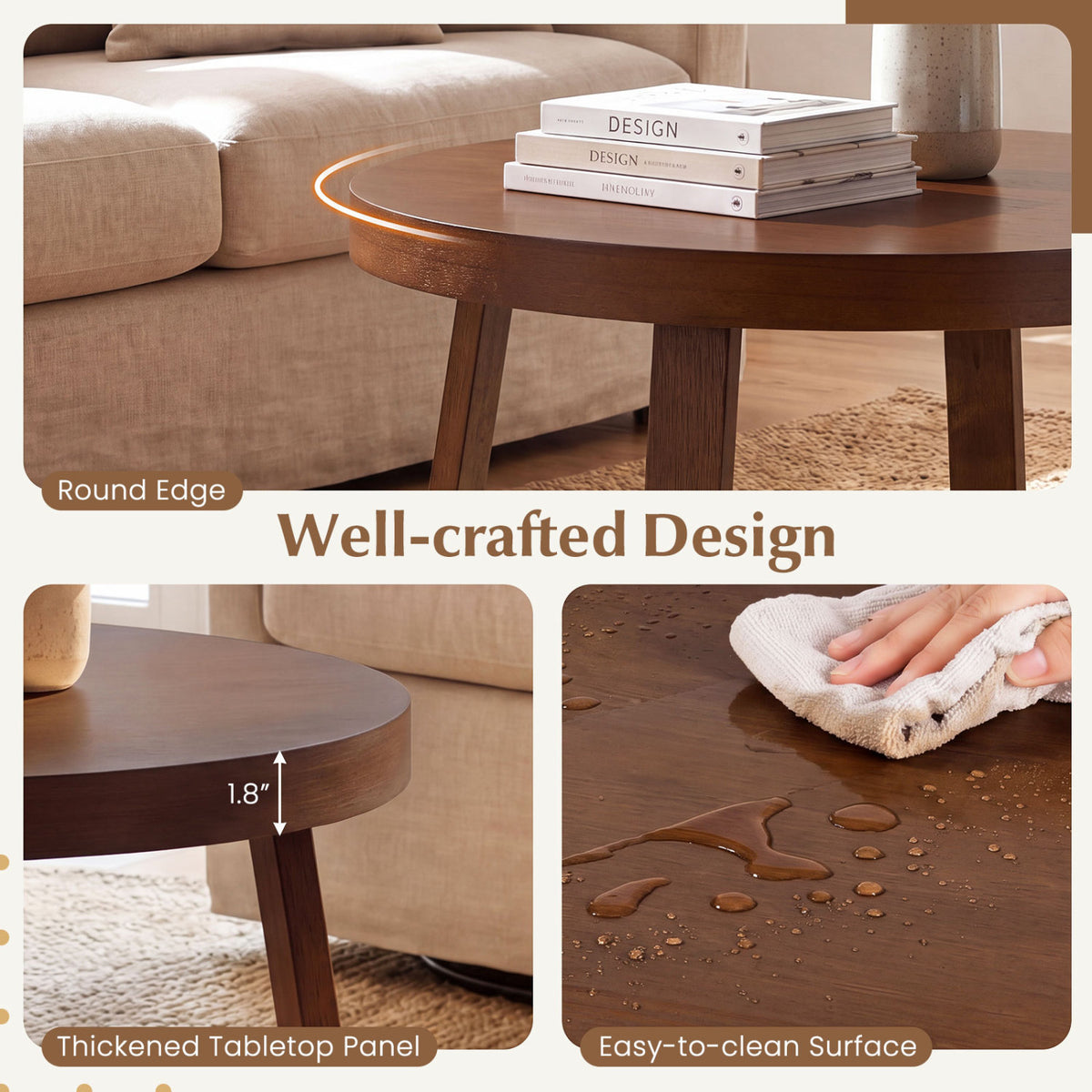 Round Coffee Table for Living Room 30 inch Farmhouse Accent Table with Study Rubber Wood Legs