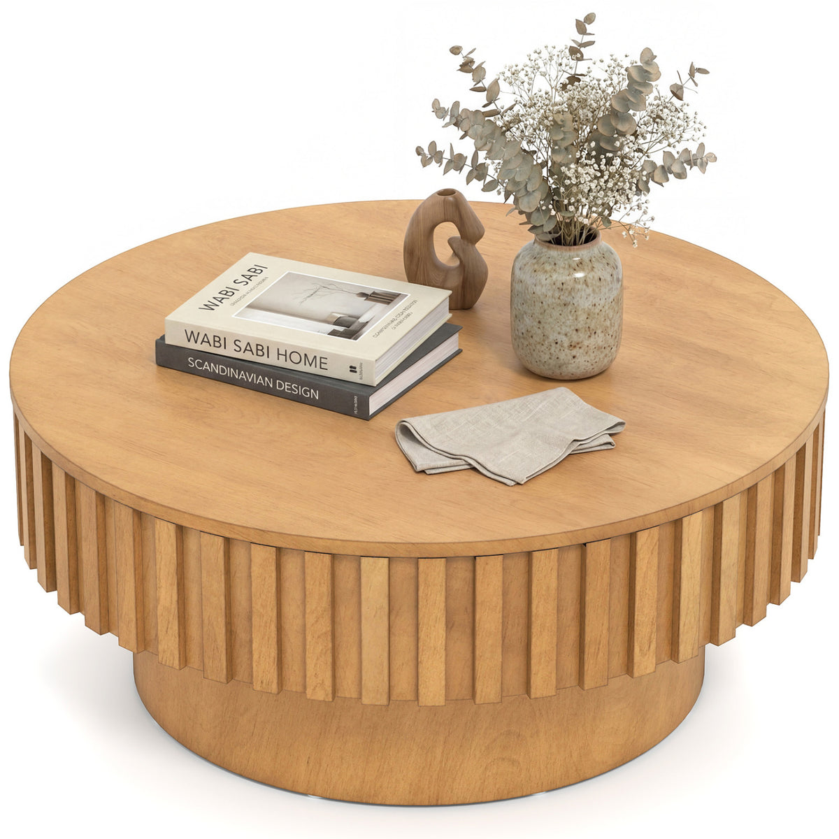 Round Coffee Table with Storage Modern Wooden Drum Coffee Table with Hidden Compartment