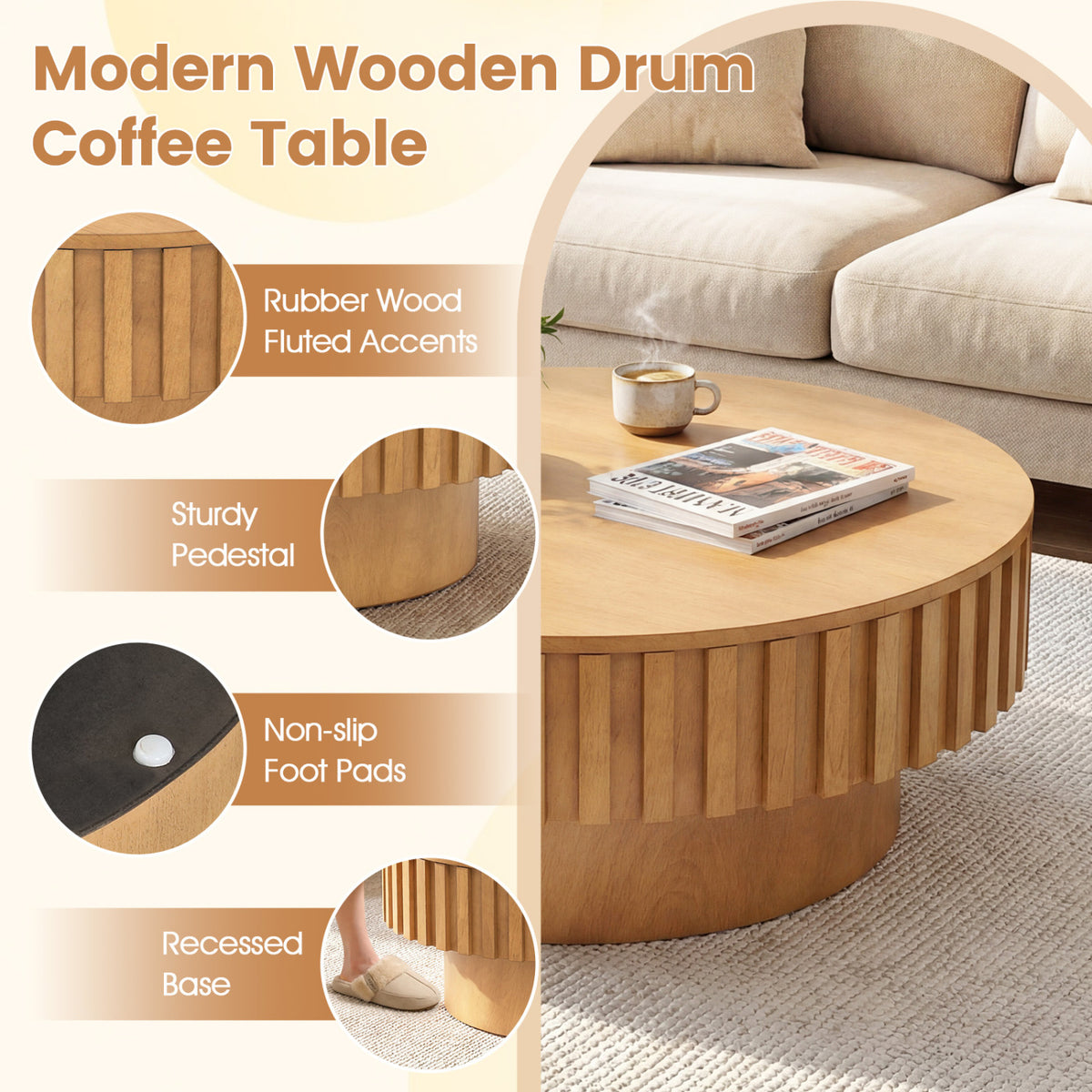 Round Coffee Table with Storage Modern Wooden Drum Coffee Table with Hidden Compartment
