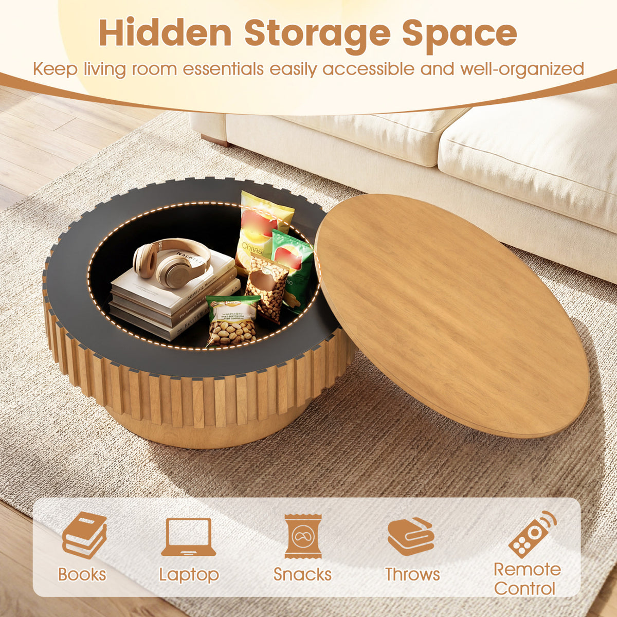 Round Coffee Table with Storage Modern Wooden Drum Coffee Table with Hidden Compartment