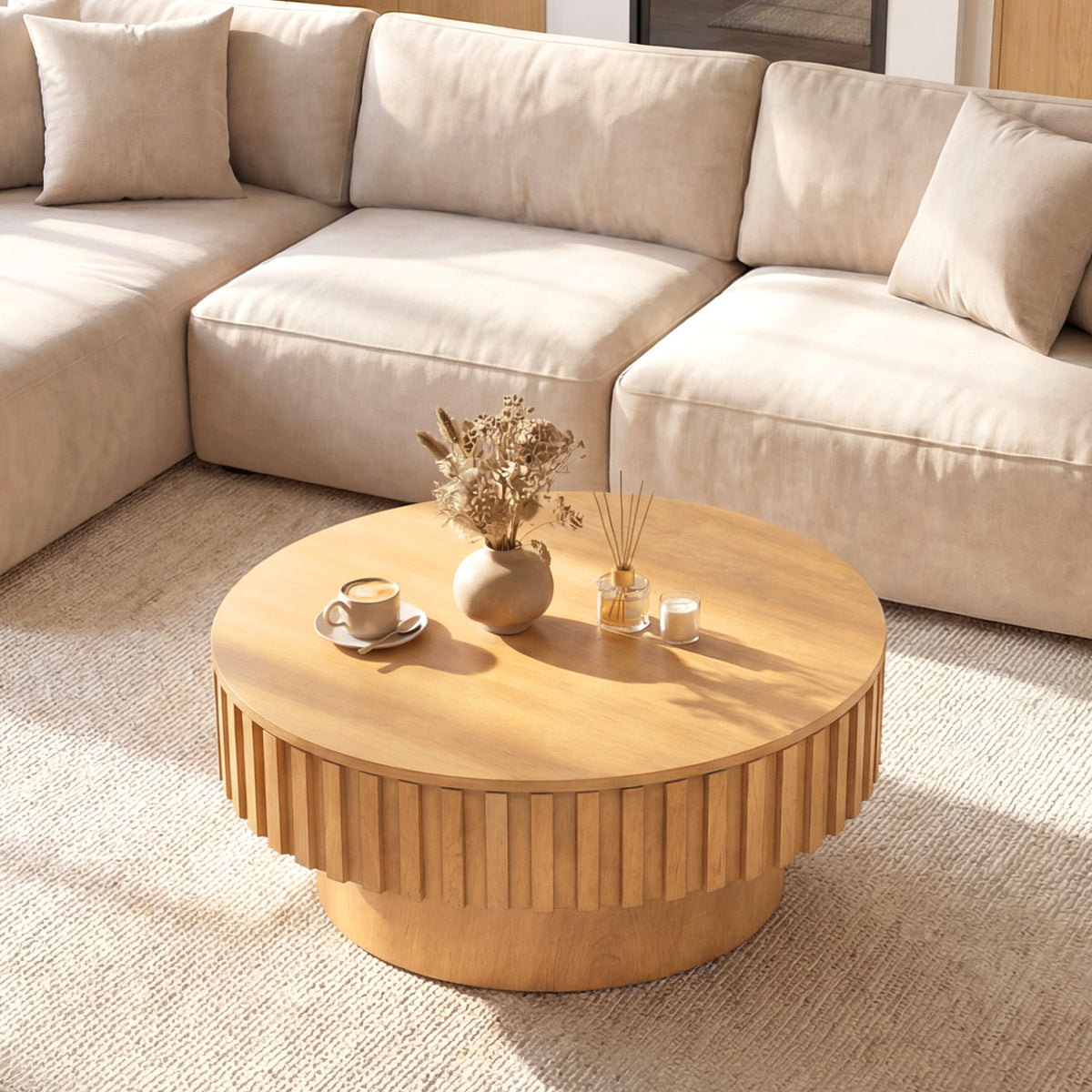 Round Coffee Table with Storage Modern Wooden Drum Coffee Table with Hidden Compartment