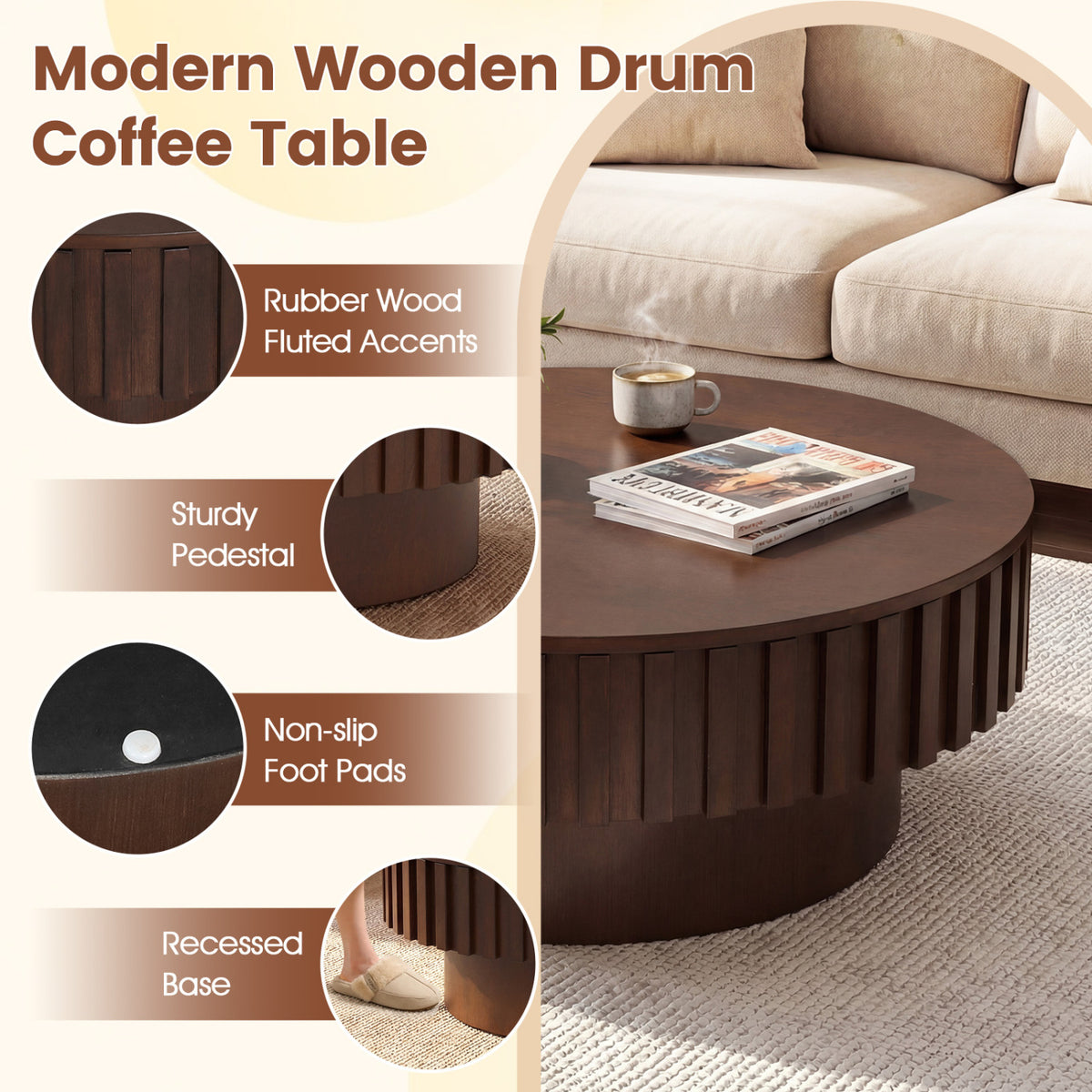 Round Coffee Table with Storage Modern Wooden Drum Coffee Table with Hidden Compartment