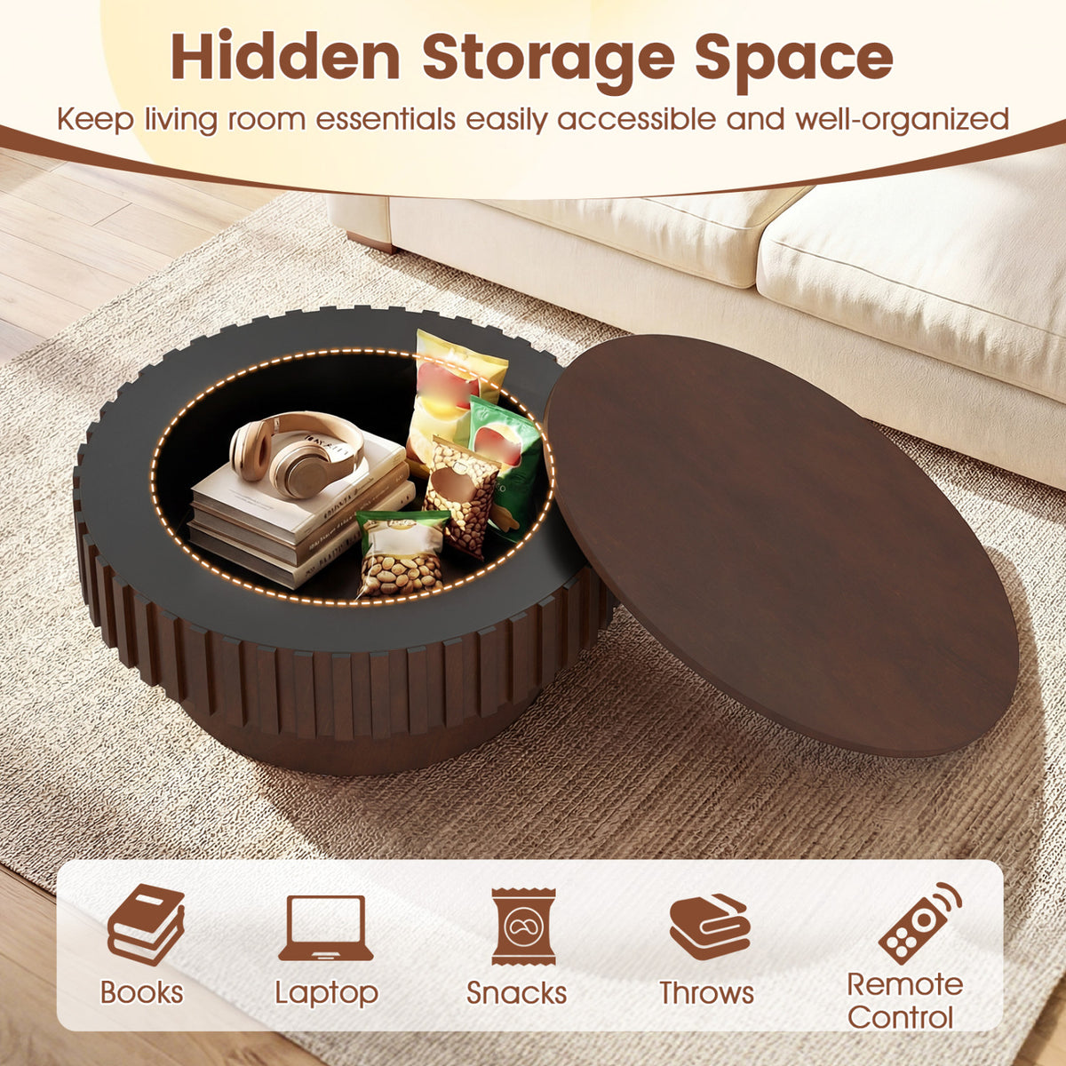 Round Coffee Table with Storage Modern Wooden Drum Coffee Table with Hidden Compartment