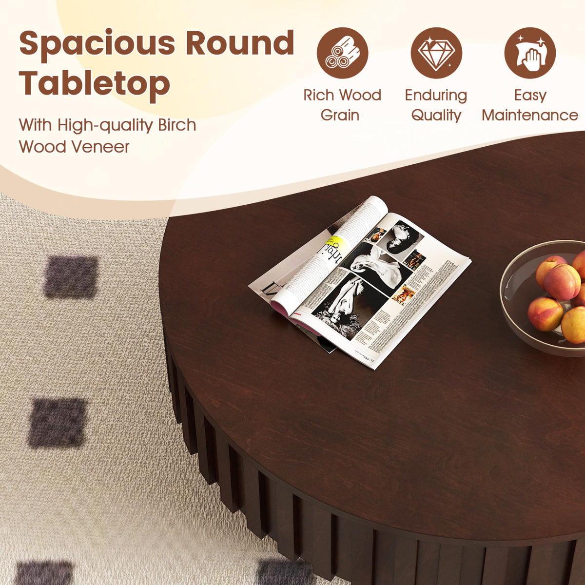Round Coffee Table with Storage Modern Wooden Drum Coffee Table with Hidden Compartment
