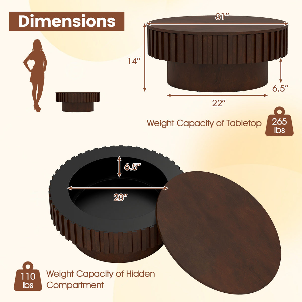 Round Coffee Table with Storage Modern Wooden Drum Coffee Table with Hidden Compartment