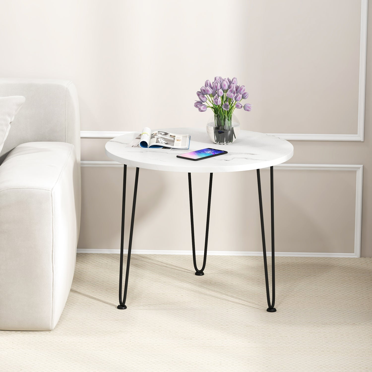 Round Coffee Table with Thickened Tabletop and Metal Tripod Legs
