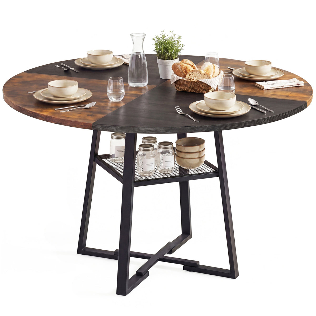 Round Dining Table for 4-6 with Storage Shelf and Metal Legs
