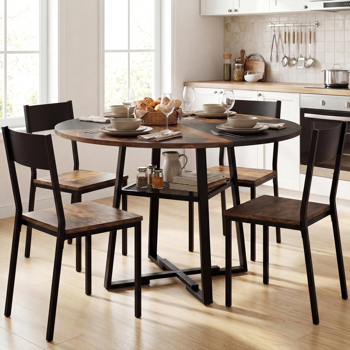 Round Dining Table for 4-6 with Storage Shelf and Metal Legs