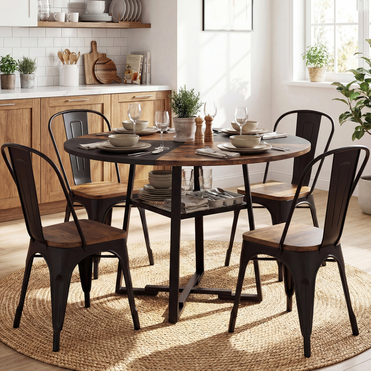 Round Dining Table for 4-6 with Storage Shelf and Metal Legs